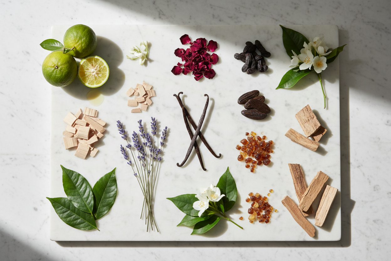different raw materials of olfactive notes. natural and real. 
